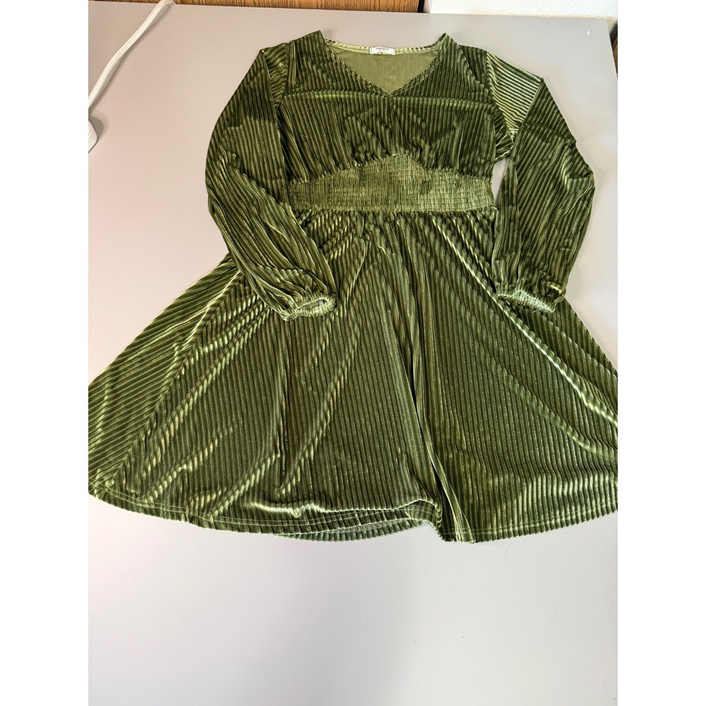 Zeagoo Olive Green Ribbed Velvet V-Neck Empire Waist Long Sleeve Dress Large